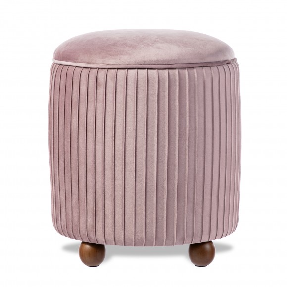 Glitzhome Modern Dusty Pink Pleated Velvet Upholstered Storage Ottoman or Accent Stool with Rubberwood Ball Feet