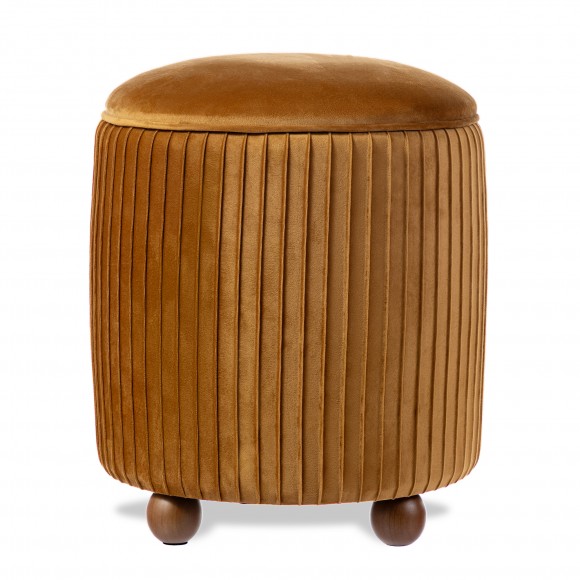 Glitzhome Modern Brown Pleated Velvet Upholstered Storage Ottoman or Accent Stool with Rubberwood Ball Feet