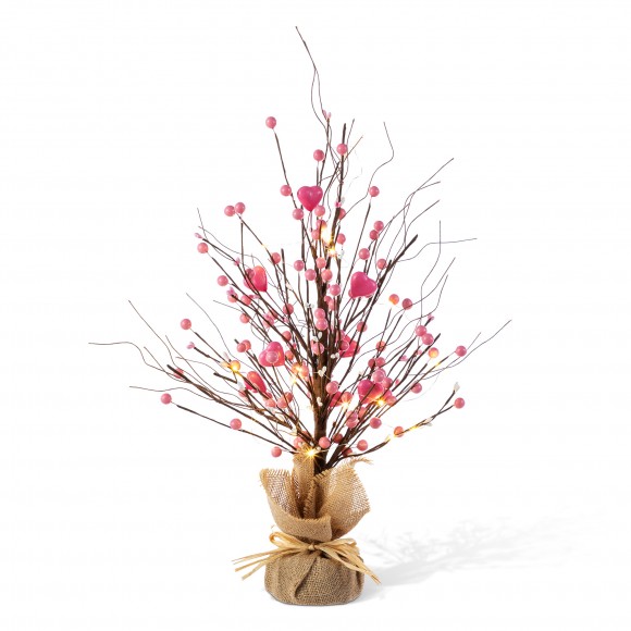Glitzhome 20"H Lighted Valentine's Pink Berry Heart Table Tree