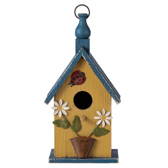Glitzhome 12.25"H Washed Yellow Distressed Solid Wood Cottage Garden Birdhouse with Bees and Flowers