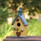 Glitzhome 12.25"H Washed Yellow Distressed Solid Wood Cottage Garden Birdhouse with Bees and Flowers