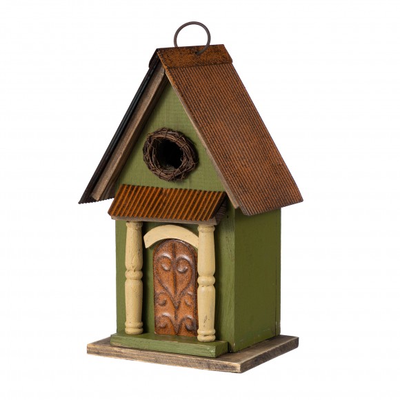 Glitzhome 11.25"H Vintage Green Distressed Solid Wood Decorative Outdoor Garden Birdhouse