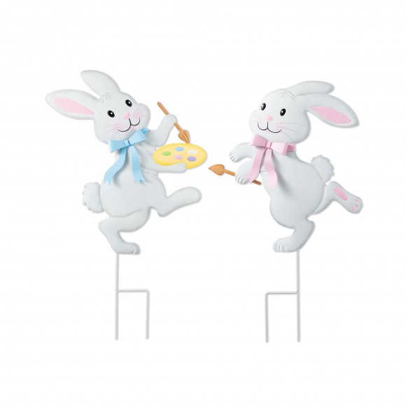 Glitzhome Set of 2 Easter Metal Bunny Painter Yard Stake  (KD)