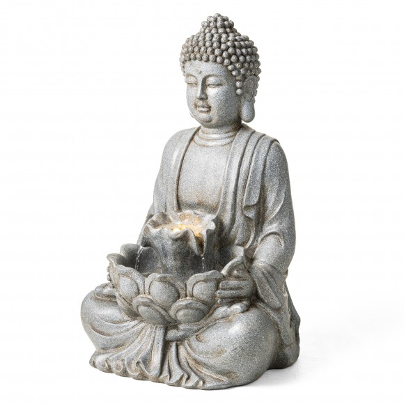 Glitzhome 23.25"H Zen Style Concrete Meditating Buddha Statue Polyresin Outdoor Fountain with Pump and LED Light (KD)