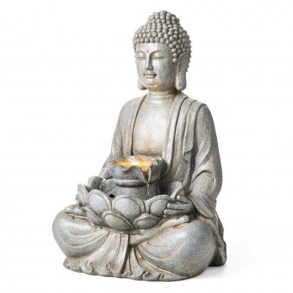 Glitzhome 28.25"H Zen Style Concrete Meditating Buddha Statue Polyresin Outdoor Fountain with Pump and LED Light (KD)