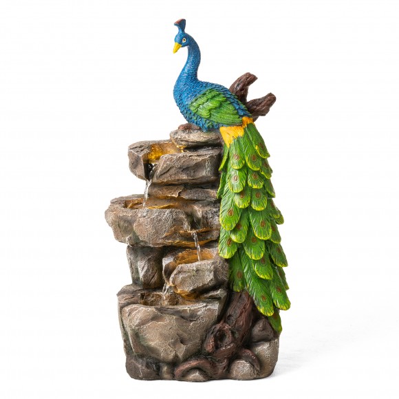 Glitzhome 20.5"H 4-Tierd Peacock w/Stacked Stone Polyresin Outdoor Fountain with Pump and LED Light (KD)