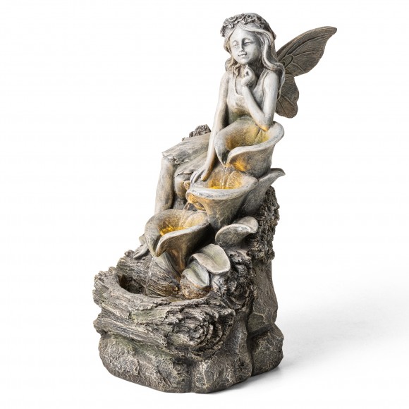 Glitzhome 22.75"H 4-Tiered Concrete Fairy Polyresin Outdoor Fountain with Pump and LED Light (KD)