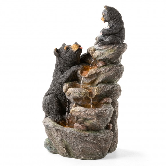 Glitzhome 30.5"H 4-Tiered Mom and Baby Bear Polyresin Outdoor Fountain with Pump and LED Light (KD)