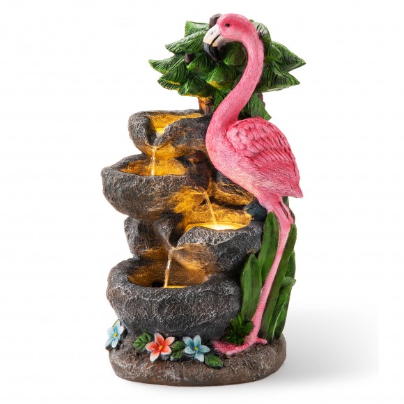 Glitzhome 23.5"H 4-Tiered Flamingo Polyresin Outdoor Fountain with Pump and LED Light (KD)