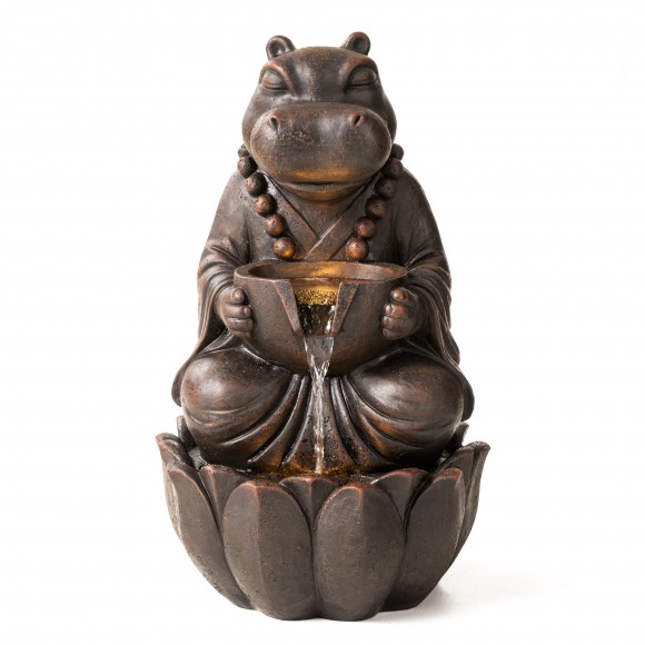 Glitzhome 21.75"H 2-Tiered Zen-Style Bronze Hippo Polyresin Outdoor Fountain with Pump and LED Light (KD)