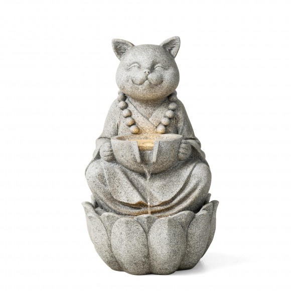 Glitzhome 21.75"H 2-Tiered Zen-Style Concrete Cat Polyresin Outdoor Fountain with Pump and LED Light (KD)