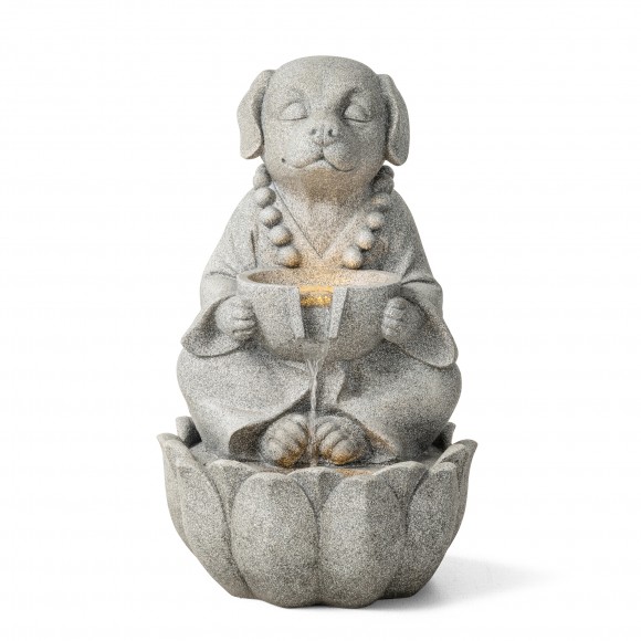 Glitzhome 21.75"H 2-Tiered Zen-Style Concrete Dog Polyresin Outdoor Fountain with Pump and LED Light (KD)