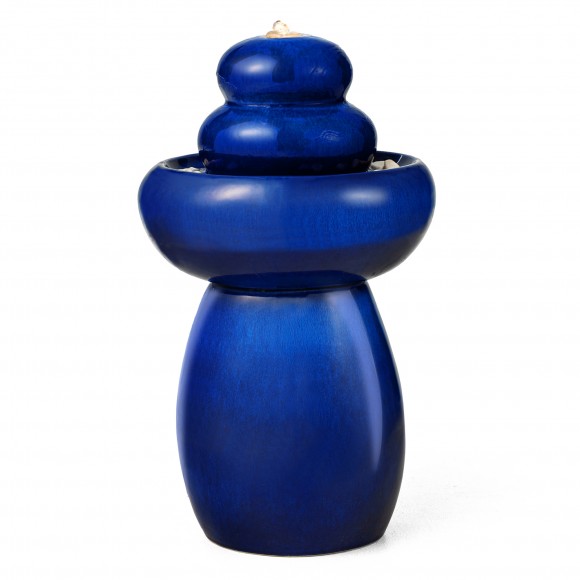 Glitzhome 22"H Zen-Style Cobalt Blue Pebbles Outdoor Ceramic Fountain with Pump and LED Light (KD)