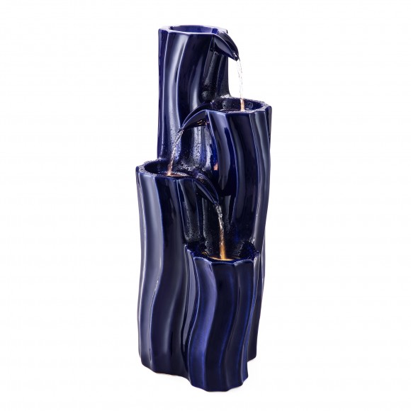 Glitzhome 29.5"H 4-Tiered Cobalt Blue Wavy Texture Outdoor Ceramic Fountain with Pump and LED Light (KD)