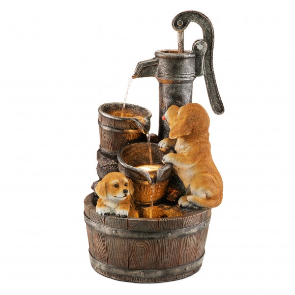 Glitzhome 23.75"H Cute Dog Playing Around the Water Pump Polyresin Outdoor Fountain with Pump and LED Light (KD)