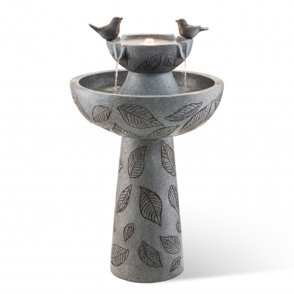 Glitzhome 26"H 2-Tiered Birdbath Polyresin Outdoor Fountain with Birds, Pump and LED Light (KD)