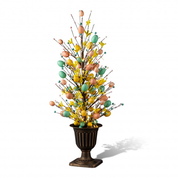 Glitzhome 36"H Easter Egg & Flower Urn Porch Tree, 20 Warm White Lights with timer