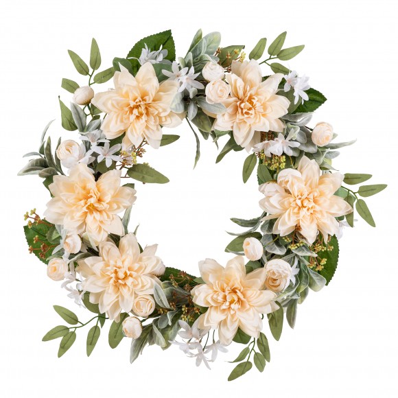 Glitzhome 24"D Peach Dahlia Floral Wreath Includes a Complimentary Black Metal Wreath Hanger