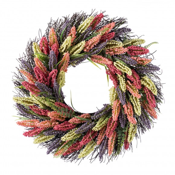 Glitzhome 24"D Pink Purple & Yellow Mixed Heather Wreath Includes a Complimentary Black Metal Wreath Hanger