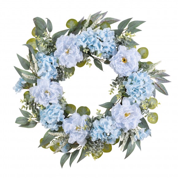 Glitzhome 24"D Blue Peony & Hydrangea Floral Wreath Includes a Complimentary Black Metal Wreath Hanger