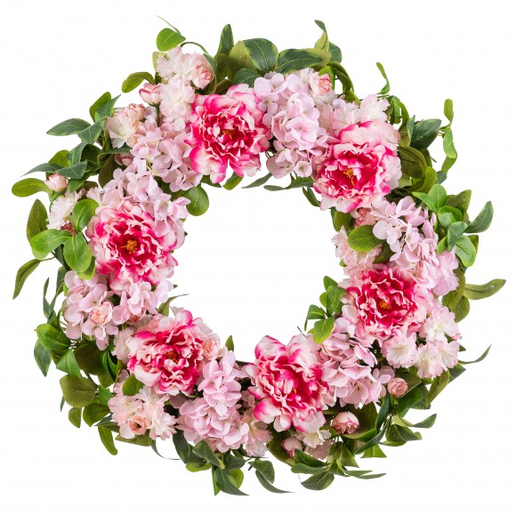 Glitzhome 24"D Pink Hydrangea Peony & Cherry Wreath Includes a Complimentary Black Metal Wreath Hanger