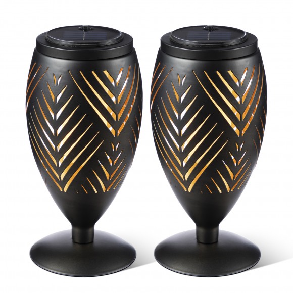 Glitzhome 8.75"H Set of 2 Black Metal Cutout Geometric Pattern Solar Powered Outdoor Lantern with LED Light