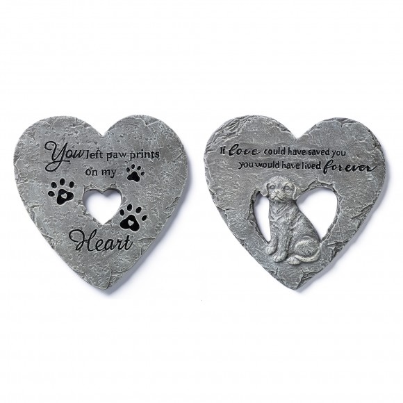 Glitzhome 10"D Set of 2 Cement Heart Shaped Paw Prints and Dog Memory Stepping Stones