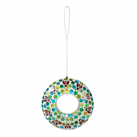 Glitzhome 8"D Glass Round Hanging Blue/Green Dots & Ladybugs Multi-Color Mosaic Birdfeeder