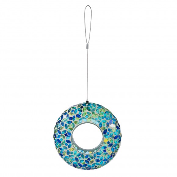 Glitzhome 8"D Glass Round Hanging  Blue/Green Mosaic Birdfeeder