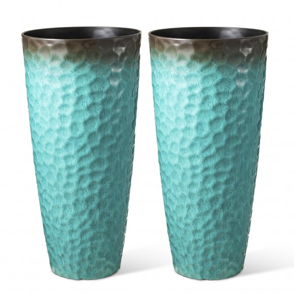 Glitzhome 31"H Set of 2 Oversized Honeycomb Textured Turquoise Tall Plastic Planter