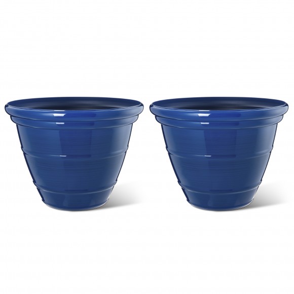 Glitzhome 15.5"D Set of 2 Round Cobalt Blue Faux Ceramic Pot Plastic Planter