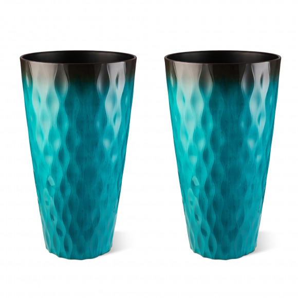 Glitzhome 23.75"H Set of 2 Oversized Wavy Texture Turquoise Tall Plastic Planter