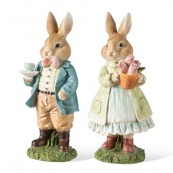 Glitzhome 9.75"H Easter Resin Bunny Couple Table Decor with Coffee and Tulips