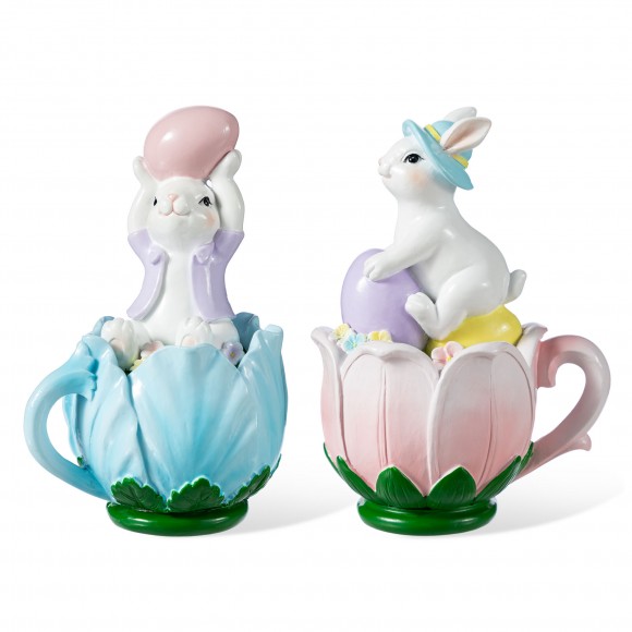 Glitzhome Set of 2 Easter Resin Bunny on Tulip Mug Table Decor