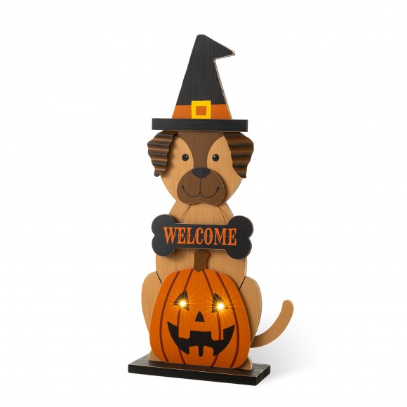 Glitzhome 30"H Halloween Wooden Lighted Witch Dog Porch Decor with Timer