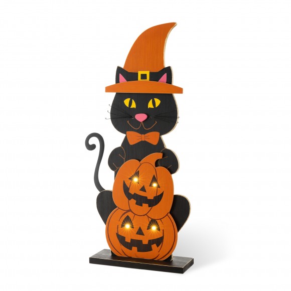 Glitzhome 30"H Halloween Wooden Lighted Witch Cat Porch Decor with Timer
