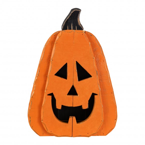 Glitzhome 17.5"H Halloween Chunky Wood Jack-O-Lantern Porch Decor