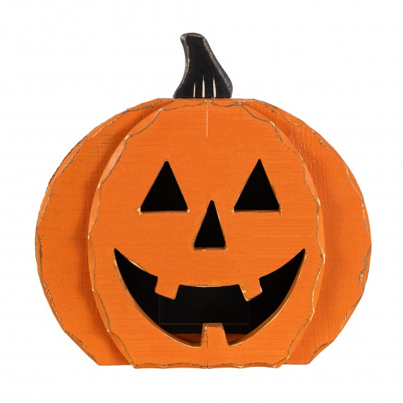 Glitzhome 14.25"L Halloween Chunky Wood Jack-O-Lantern Porch Decor