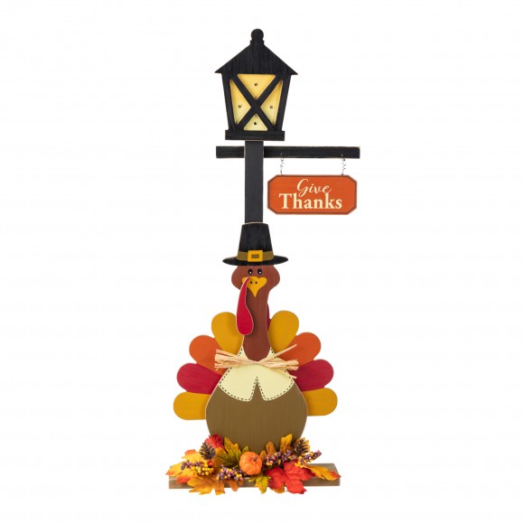 Glitzhome 36"H Thanksgiving Lighted Wooden Turkey Lamp Post Porch Decor w/Timer