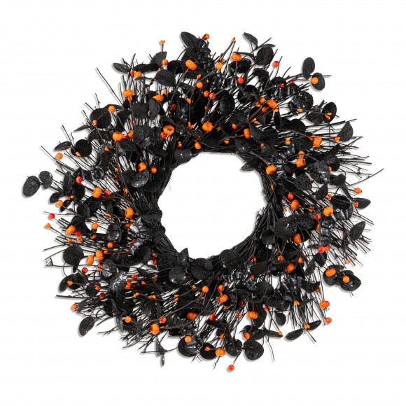 Glitzhome 22.00"DHalloween Eucalyptus Pumpkin Bat Wreath Includes a Complimentary Black Metal Wreath Hanger