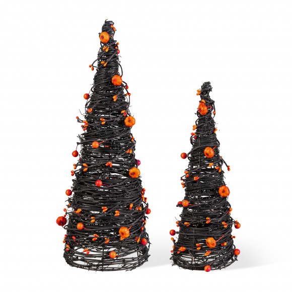 Glitzhome Set of 2 Halloween Eucalyptus With Bats Pumpkin Cone Tree