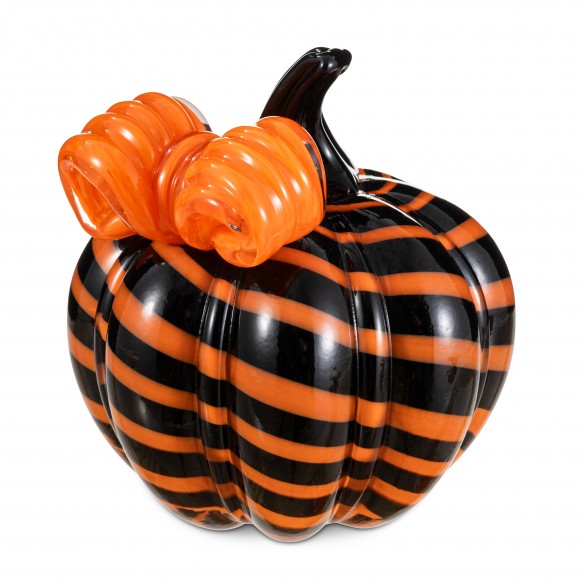 Glitzhome 4.75"H Halloween Striped Glass Pumpkin with Bow