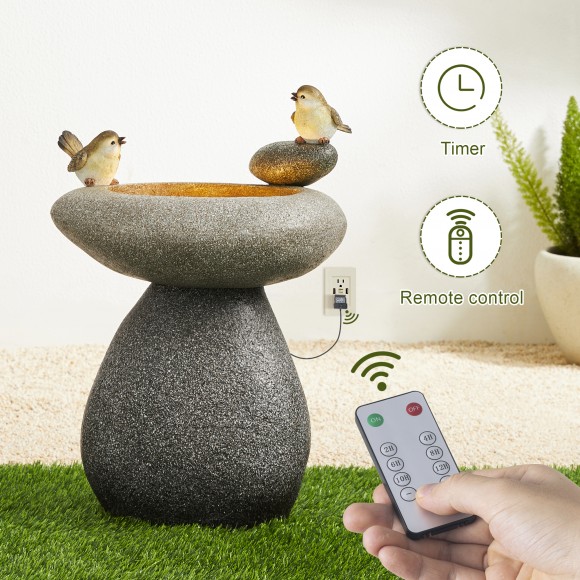 Glitzhome 20.75''H Zen-Style Faux Stone Texture Birdbath Polyresin Outdoor Fountain with Birds, Pump and LED Light, Remote Controller