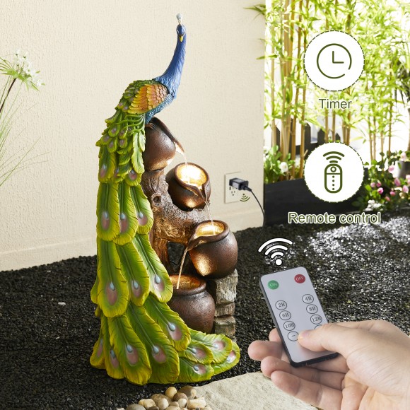 Glitzhome 40"H Oversized 4-Tiered Peacock and Jars Polyresin Outdoor Floor Fountain with Pump and LED Light, with Remote Controller