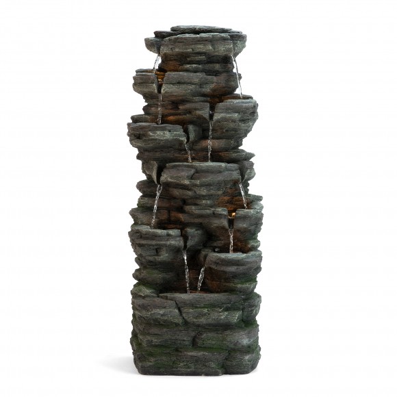 Glitzhome 39.25"H 9-Tiered Cascading Rock Polyresin Outdoor Fountain with Pump and LED Light