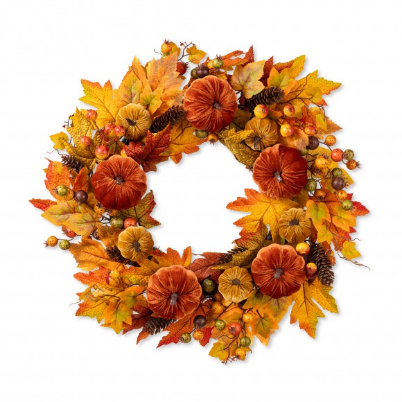 Glitzhome 24"D Fall Velvet Pumpkin, Pinecone & Berry Wreath Includes a Complimentary Black Metal Wreath Hanger