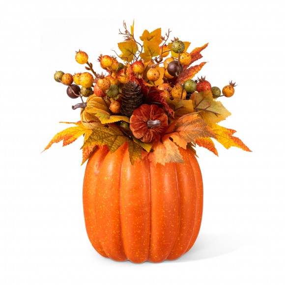 Glitzhome 15"H Fall Velvet Pumpkin, Pinecone & Berry Centerpiece
