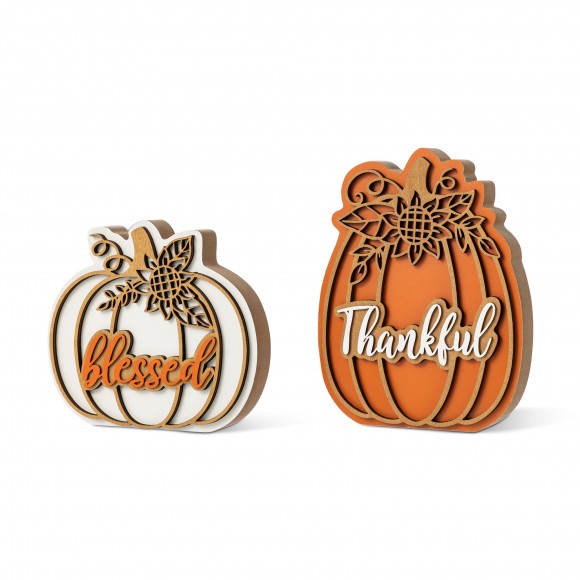 Glitzhome 8"H S/2 Thanksgiving Wooden Pumpkin Table Decor