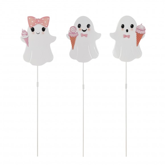 Glitzhome S/3 23.75"H Halloween Metal Pink Ghosts Yard Stake