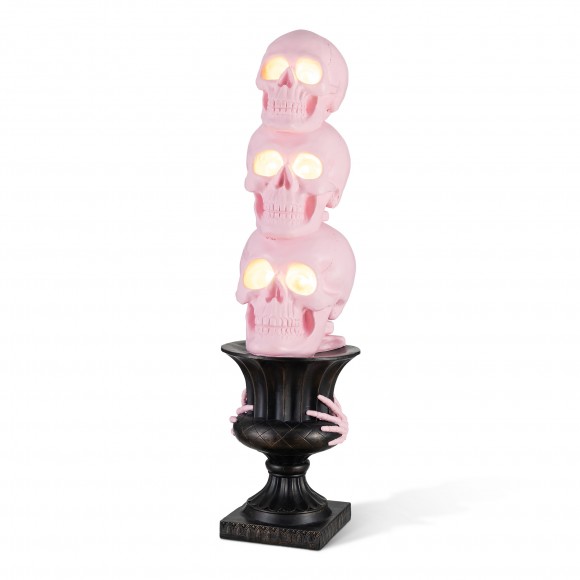 Glitzhome 31.50"H Halloween MGO Lighted Stacked Pink Skull with Black Urn Porch Decor w/Timer